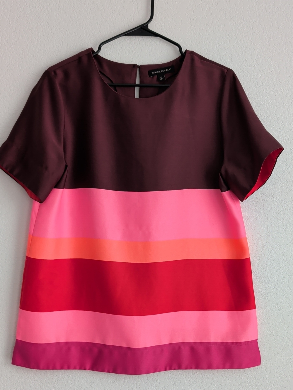 Banana Republic Burgundy and Pink Horizontal Stripe Short-Sleeve Blouse